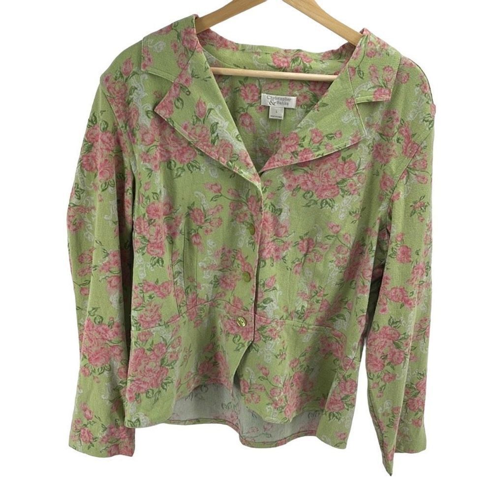 NWT Christopher & Banks linen Pink Floral Patterned blazer Jacket large NEW